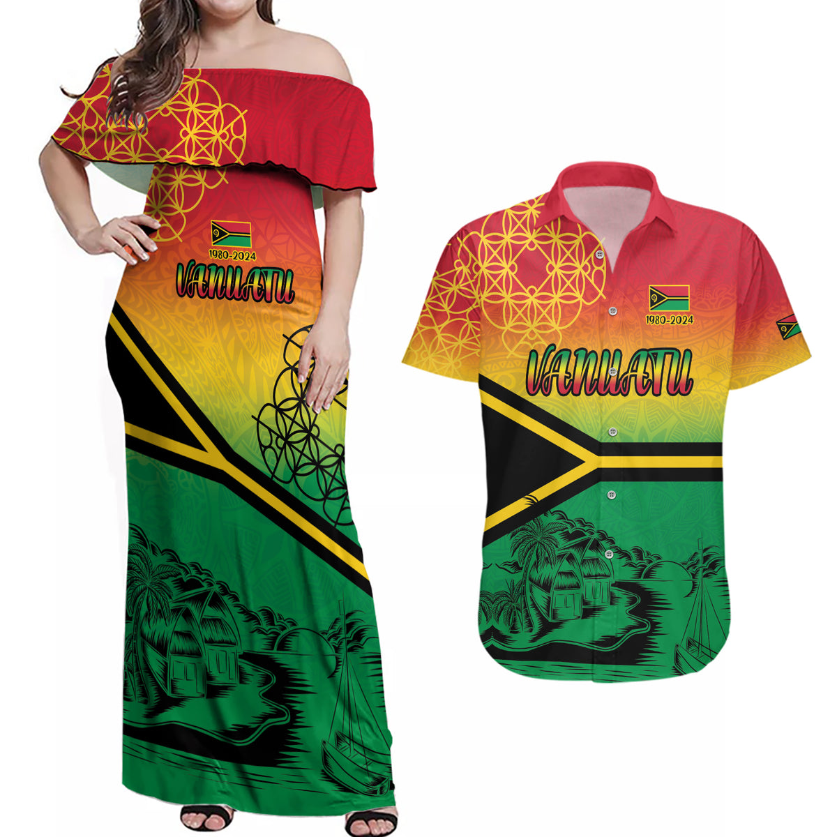 Hapi 44th Indipendens Dei Vanuatu Couples Matching Off Shoulder Maxi Dress and Hawaiian Shirt Yumi 1980 with Vanuatuan Beach Landscape LT9 Reggae - Polynesian Pride