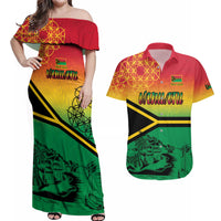 Hapi 44th Indipendens Dei Vanuatu Couples Matching Off Shoulder Maxi Dress and Hawaiian Shirt Yumi 1980 with Vanuatuan Beach Landscape LT9 Reggae - Polynesian Pride