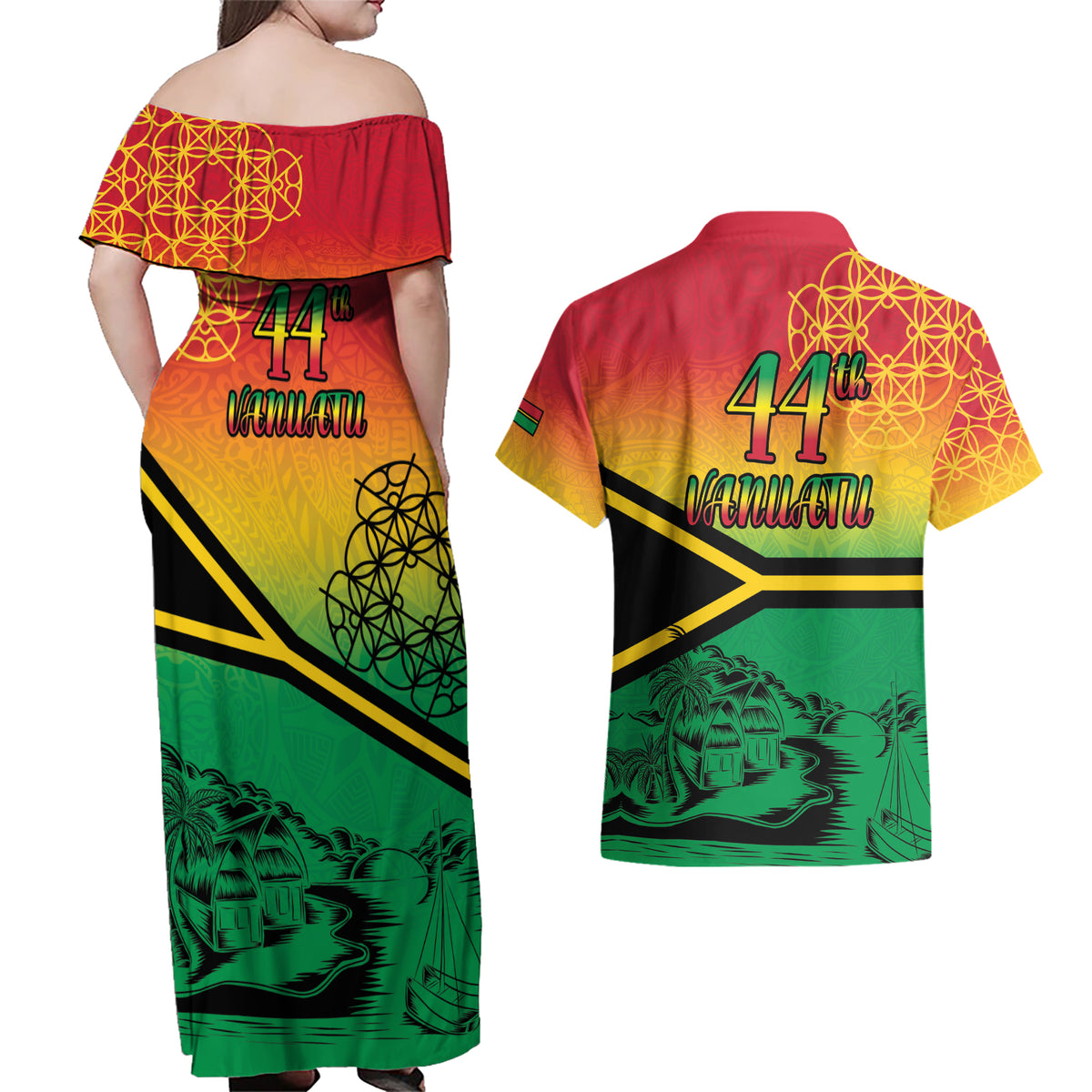 Hapi 44th Indipendens Dei Vanuatu Couples Matching Off Shoulder Maxi Dress and Hawaiian Shirt Yumi 1980 with Vanuatuan Beach Landscape LT9 - Polynesian Pride