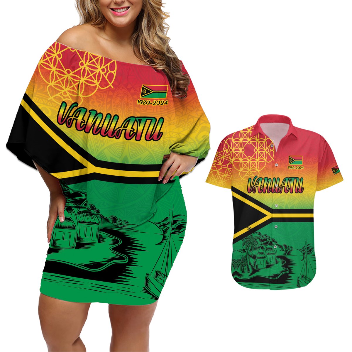 Hapi 44th Indipendens Dei Vanuatu Couples Matching Off Shoulder Short Dress and Hawaiian Shirt Yumi 1980 with Vanuatuan Beach Landscape LT9 Reggae - Polynesian Pride