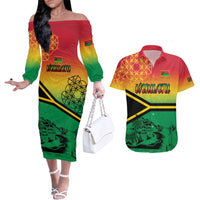 Hapi 44th Indipendens Dei Vanuatu Couples Matching Off The Shoulder Long Sleeve Dress and Hawaiian Shirt Yumi 1980 with Vanuatuan Beach Landscape LT9 Reggae - Polynesian Pride