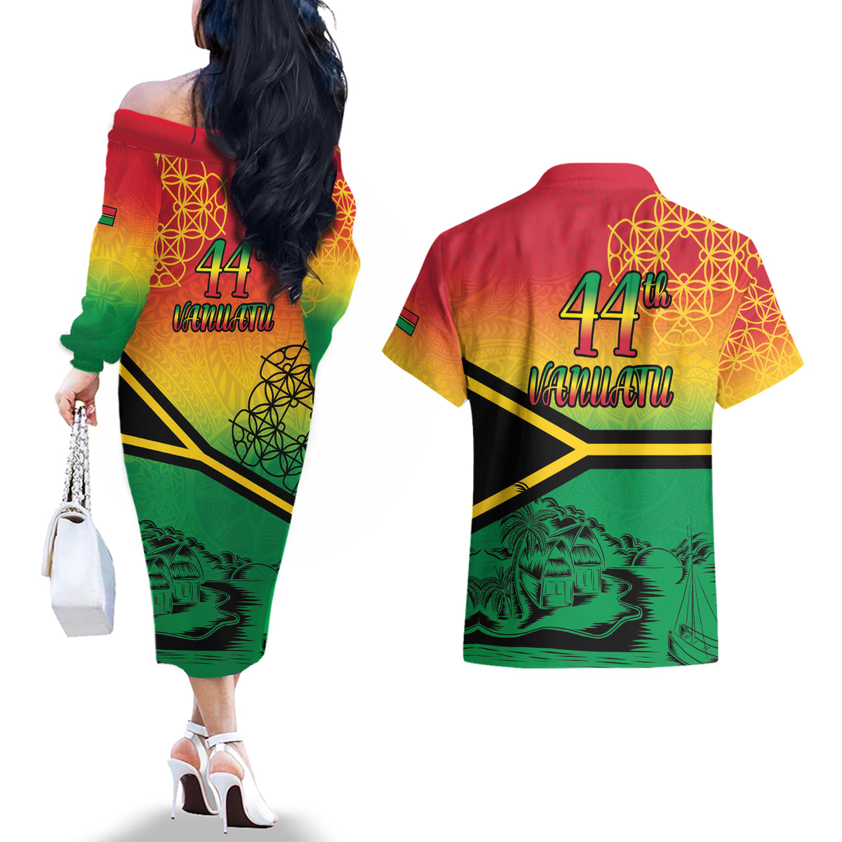 Hapi 44th Indipendens Dei Vanuatu Couples Matching Off The Shoulder Long Sleeve Dress and Hawaiian Shirt Yumi 1980 with Vanuatuan Beach Landscape LT9 - Polynesian Pride