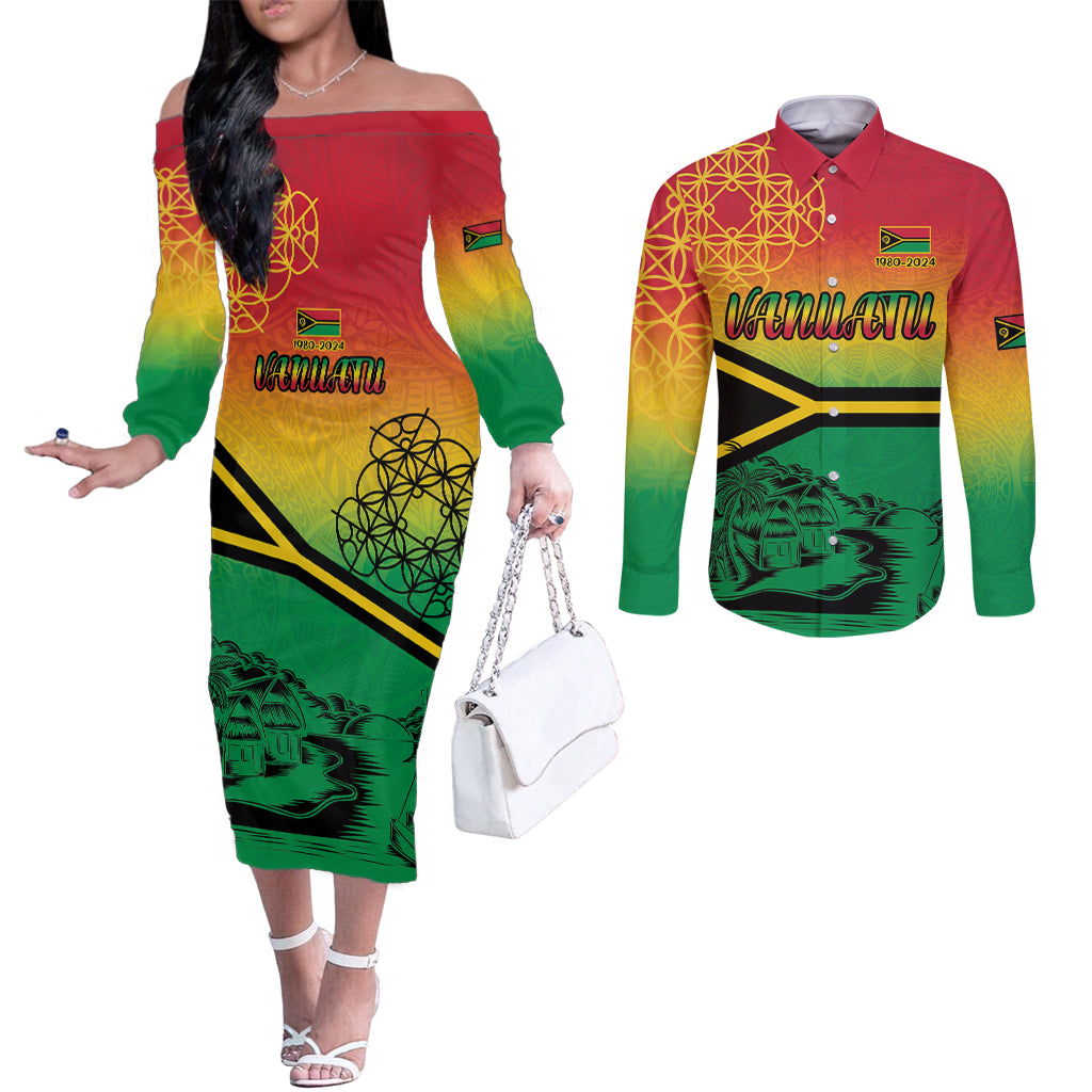 Hapi 44th Indipendens Dei Vanuatu Couples Matching Off The Shoulder Long Sleeve Dress and Long Sleeve Button Shirt Yumi 1980 with Vanuatuan Beach Landscape LT9 Reggae - Polynesian Pride