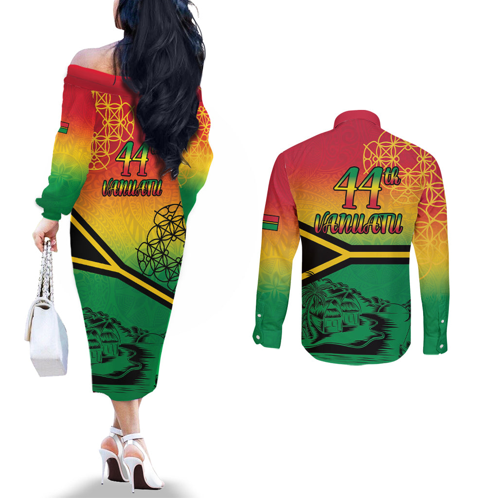 Hapi 44th Indipendens Dei Vanuatu Couples Matching Off The Shoulder Long Sleeve Dress and Long Sleeve Button Shirt Yumi 1980 with Vanuatuan Beach Landscape LT9 - Polynesian Pride