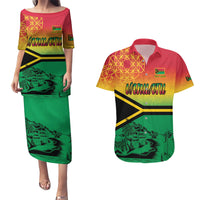 Hapi 44th Indipendens Dei Vanuatu Couples Matching Puletasi and Hawaiian Shirt Yumi 1980 with Vanuatuan Beach Landscape LT9 Reggae - Polynesian Pride