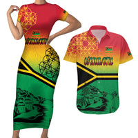 Hapi 44th Indipendens Dei Vanuatu Couples Matching Short Sleeve Bodycon Dress and Hawaiian Shirt Yumi 1980 with Vanuatuan Beach Landscape LT9 Reggae - Polynesian Pride