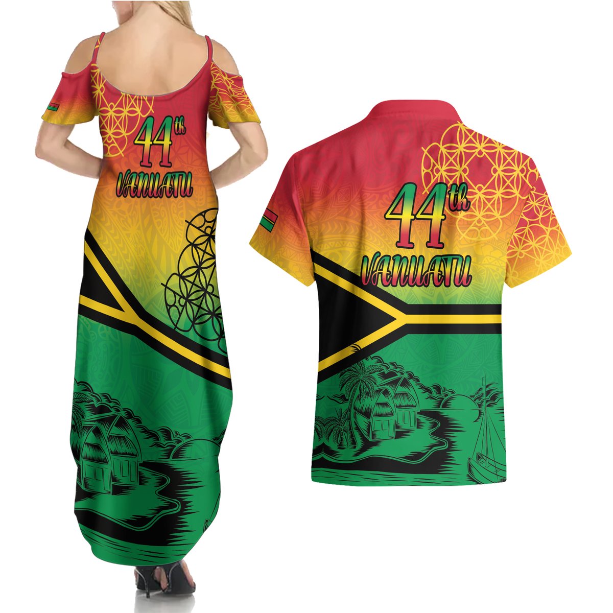 Hapi 44th Indipendens Dei Vanuatu Couples Matching Summer Maxi Dress and Hawaiian Shirt Yumi 1980 with Vanuatuan Beach Landscape LT9 - Polynesian Pride
