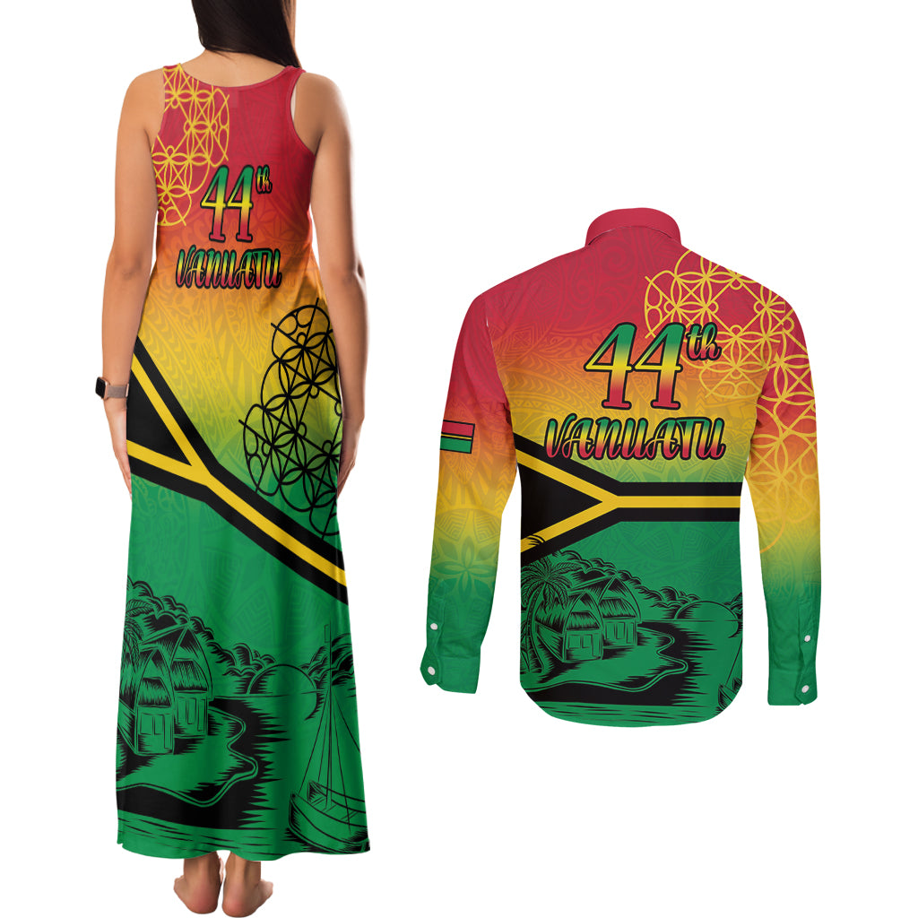 Hapi 44th Indipendens Dei Vanuatu Couples Matching Tank Maxi Dress and Long Sleeve Button Shirt Yumi 1980 with Vanuatuan Beach Landscape LT9 - Polynesian Pride