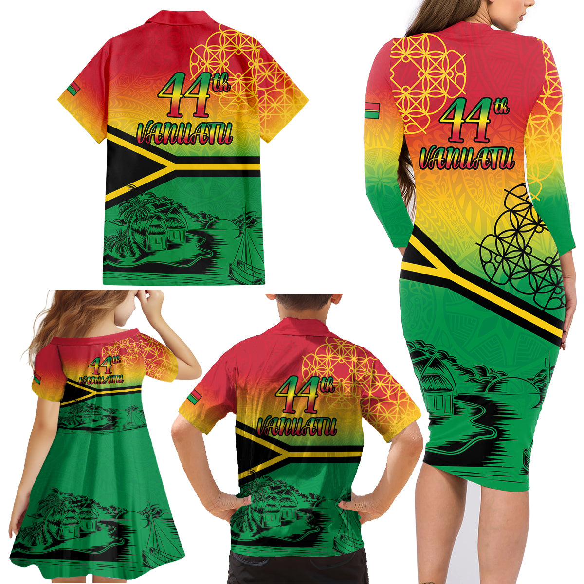 Hapi 44th Indipendens Dei Vanuatu Family Matching Long Sleeve Bodycon Dress and Hawaiian Shirt Yumi 1980 with Vanuatuan Beach Landscape LT9 - Polynesian Pride