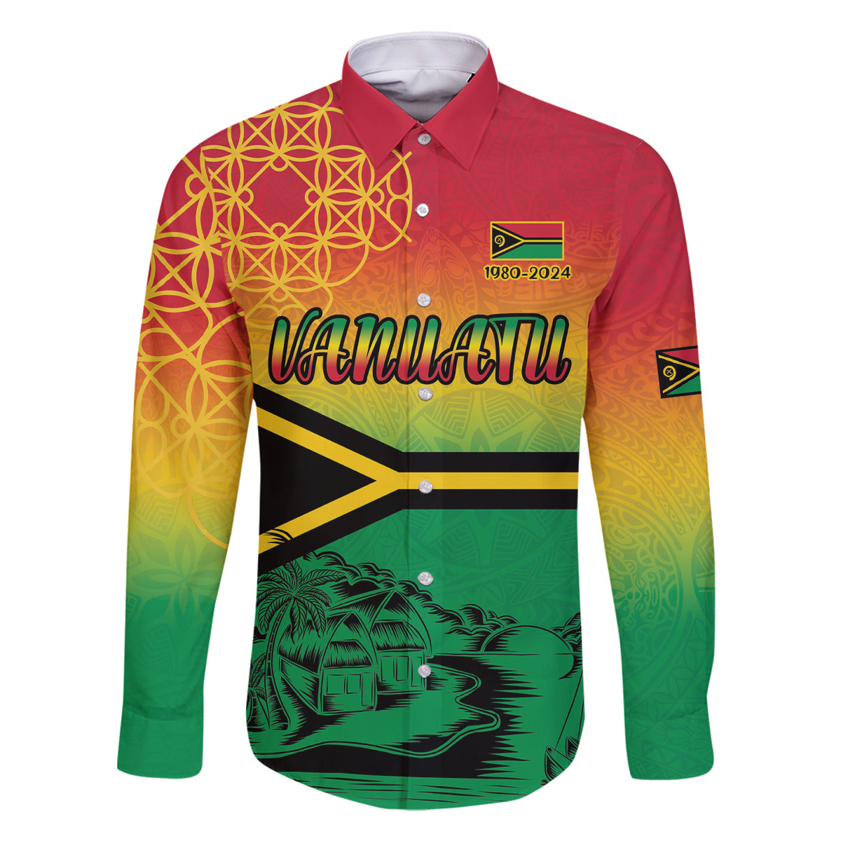 Hapi 44th Indipendens Dei Vanuatu Family Matching Long Sleeve Bodycon Dress and Hawaiian Shirt Yumi 1980 with Vanuatuan Beach Landscape LT9 Dad's Shirt - Long Sleeve Reggae - Polynesian Pride