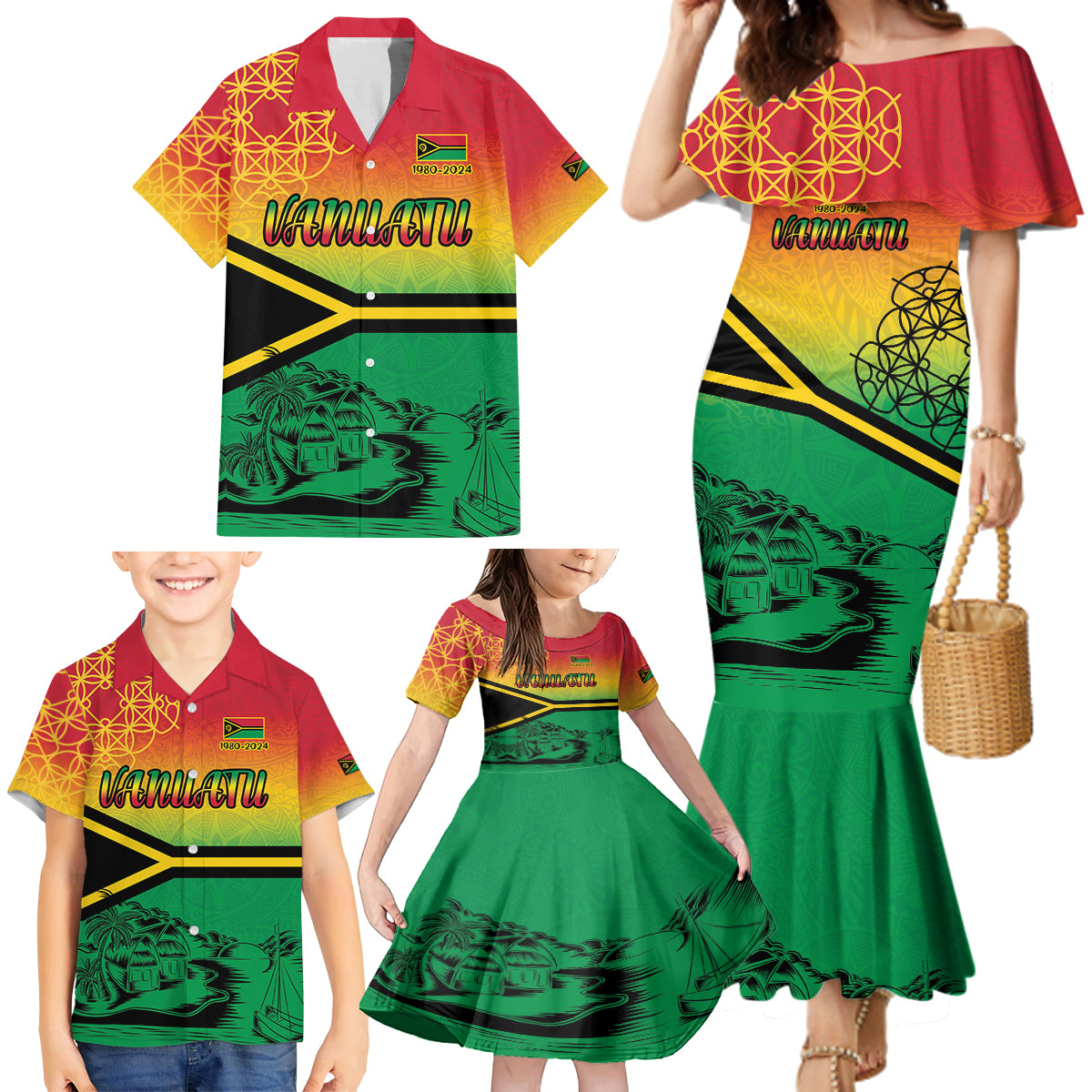 Hapi 44th Indipendens Dei Vanuatu Family Matching Mermaid Dress and Hawaiian Shirt Yumi 1980 with Vanuatuan Beach Landscape LT9 - Polynesian Pride