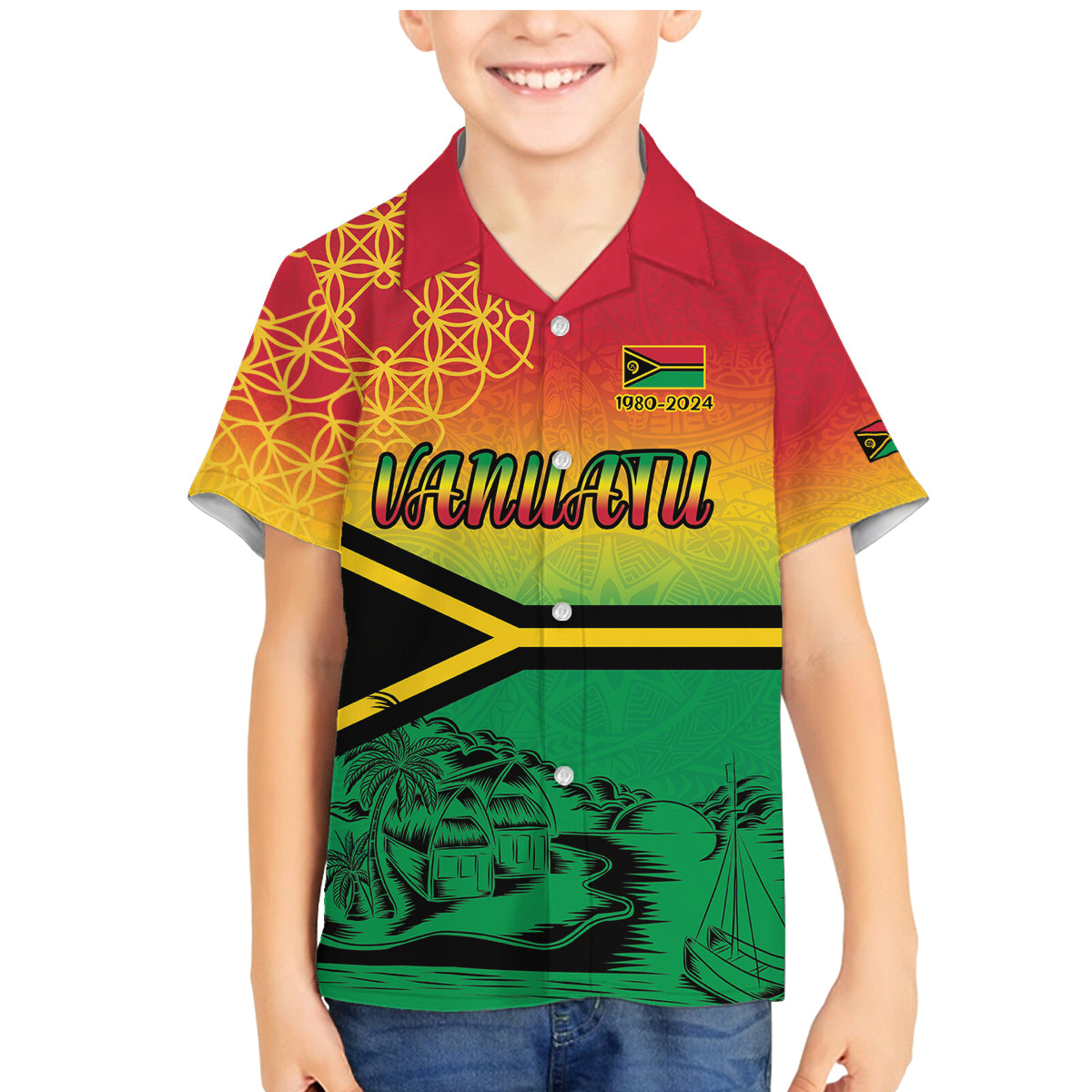 Hapi 44th Indipendens Dei Vanuatu Family Matching Mermaid Dress and Hawaiian Shirt Yumi 1980 with Vanuatuan Beach Landscape LT9 Son's Shirt Reggae - Polynesian Pride