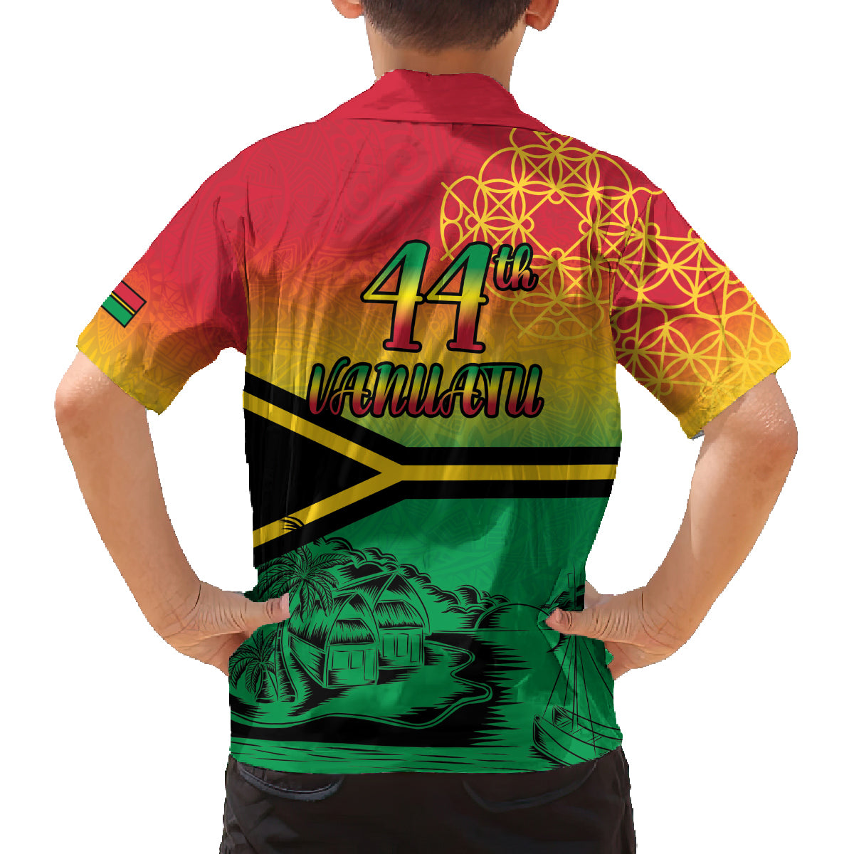 Hapi 44th Indipendens Dei Vanuatu Family Matching Off The Shoulder Long Sleeve Dress and Hawaiian Shirt Yumi 1980 with Vanuatuan Beach Landscape LT9 - Polynesian Pride