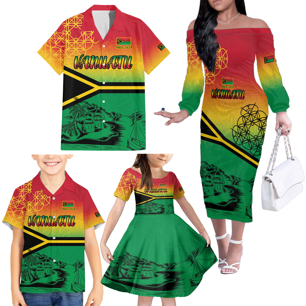 Hapi 44th Indipendens Dei Vanuatu Family Matching Off The Shoulder Long Sleeve Dress and Hawaiian Shirt Yumi 1980 with Vanuatuan Beach Landscape LT9 - Polynesian Pride