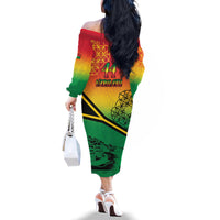 Hapi 44th Indipendens Dei Vanuatu Family Matching Off The Shoulder Long Sleeve Dress and Hawaiian Shirt Yumi 1980 with Vanuatuan Beach Landscape LT9 - Polynesian Pride