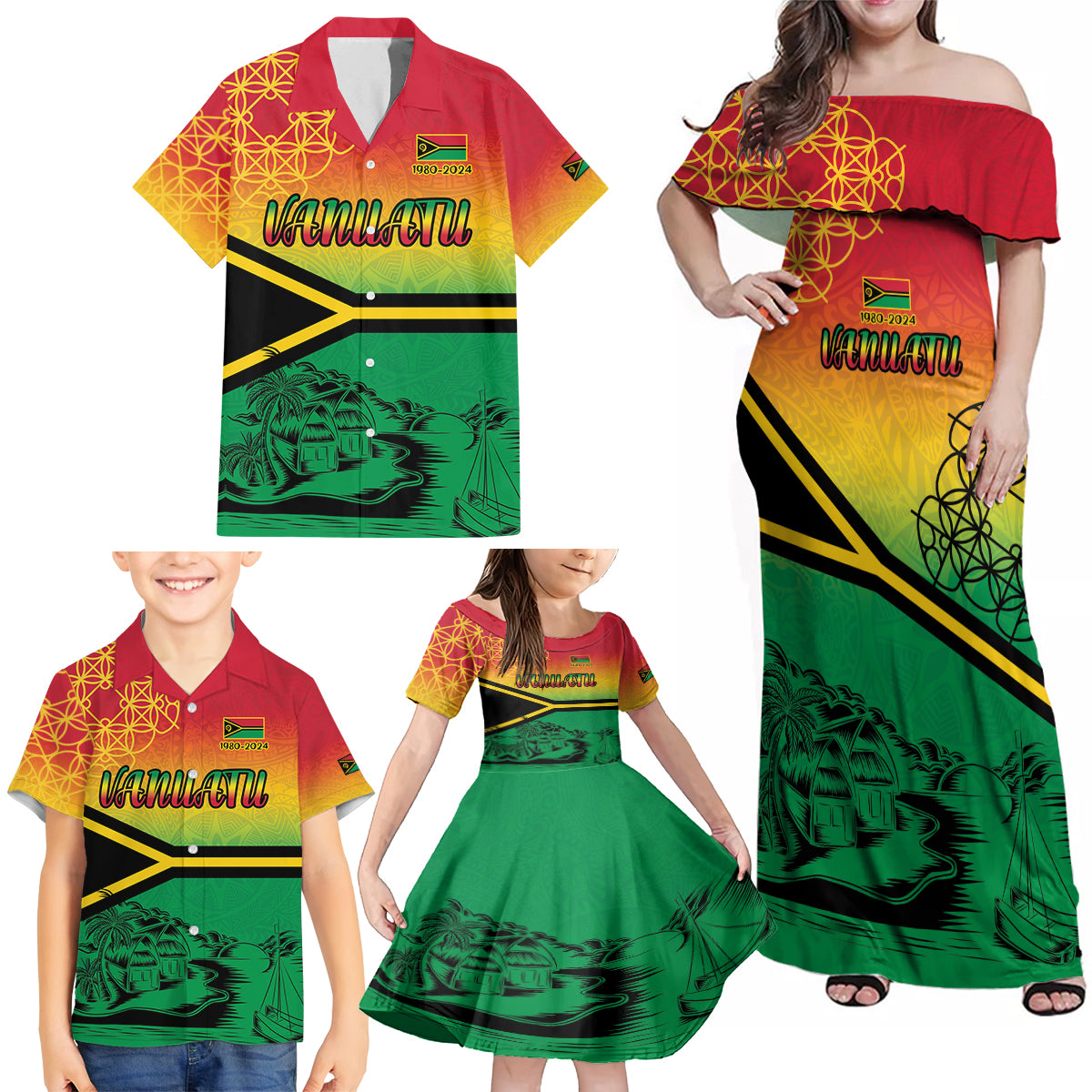 Hapi 44th Indipendens Dei Vanuatu Family Matching Off Shoulder Maxi Dress and Hawaiian Shirt Yumi 1980 with Vanuatuan Beach Landscape LT9 - Polynesian Pride