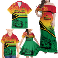 Hapi 44th Indipendens Dei Vanuatu Family Matching Off Shoulder Maxi Dress and Hawaiian Shirt Yumi 1980 with Vanuatuan Beach Landscape LT9 - Polynesian Pride