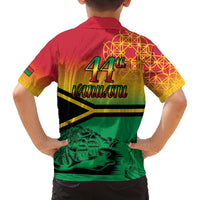 Hapi 44th Indipendens Dei Vanuatu Family Matching Off Shoulder Short Dress and Hawaiian Shirt Yumi 1980 with Vanuatuan Beach Landscape LT9 - Polynesian Pride
