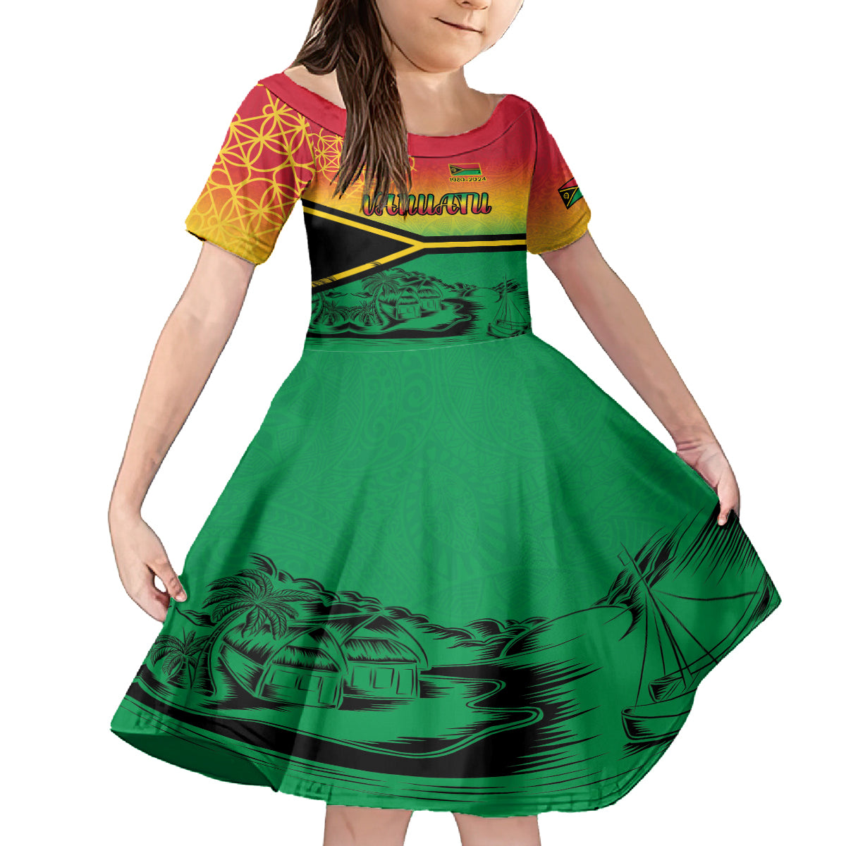 Hapi 44th Indipendens Dei Vanuatu Family Matching Off Shoulder Short Dress and Hawaiian Shirt Yumi 1980 with Vanuatuan Beach Landscape LT9 Daughter's Dress Reggae - Polynesian Pride