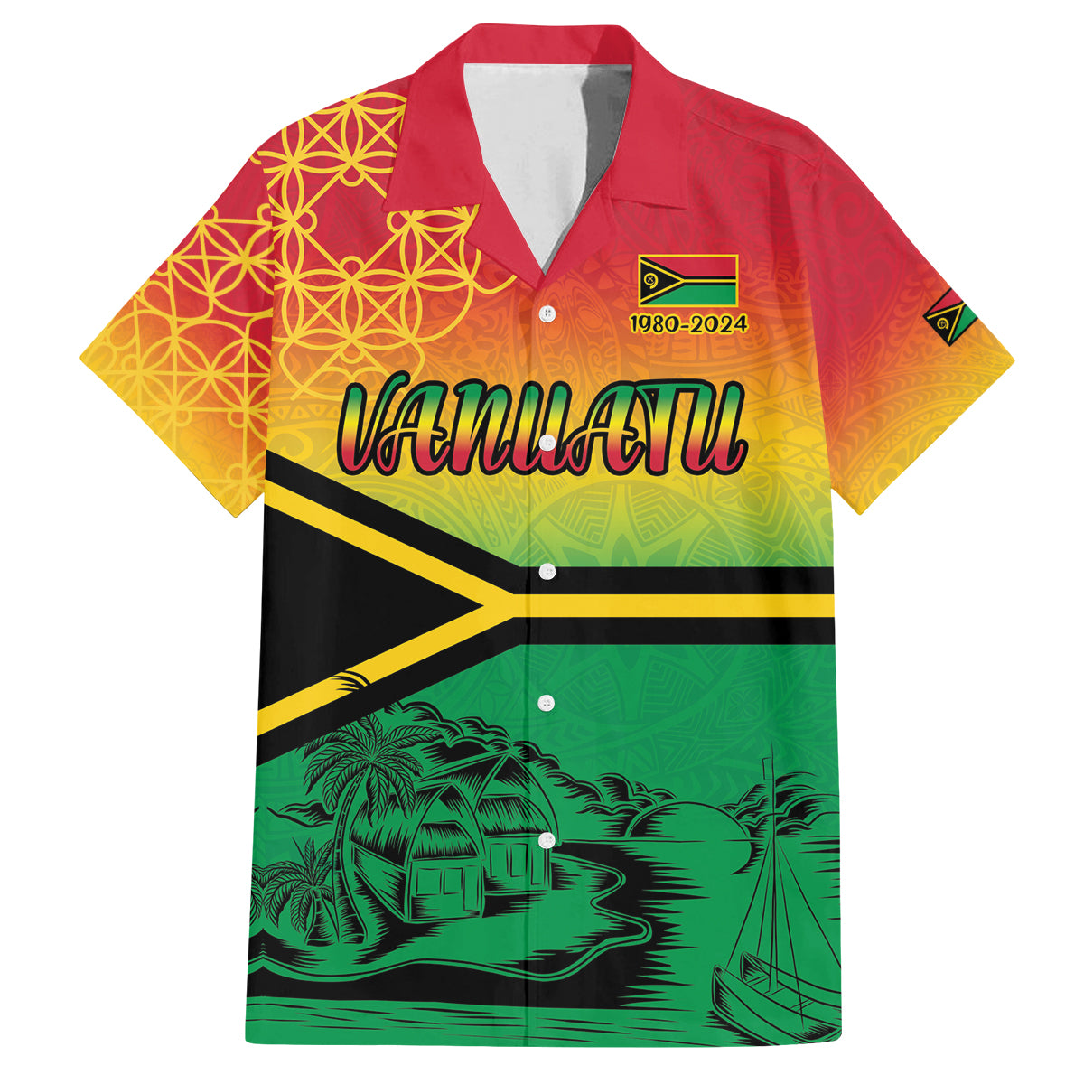 Hapi 44th Indipendens Dei Vanuatu Family Matching Off Shoulder Short Dress and Hawaiian Shirt Yumi 1980 with Vanuatuan Beach Landscape LT9 Dad's Shirt - Short Sleeve Reggae - Polynesian Pride