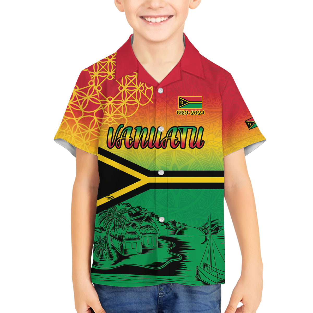 Hapi 44th Indipendens Dei Vanuatu Family Matching Puletasi and Hawaiian Shirt Yumi 1980 with Vanuatuan Beach Landscape LT9 Son's Shirt Reggae - Polynesian Pride