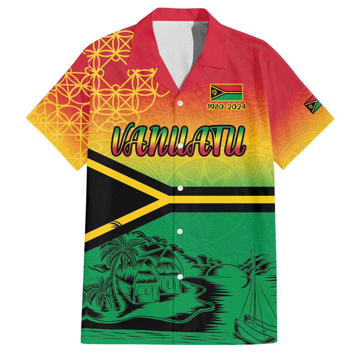 Hapi 44th Indipendens Dei Vanuatu Family Matching Short Sleeve Bodycon Dress and Hawaiian Shirt Yumi 1980 with Vanuatuan Beach Landscape LT9 Dad's Shirt - Short Sleeve Reggae - Polynesian Pride