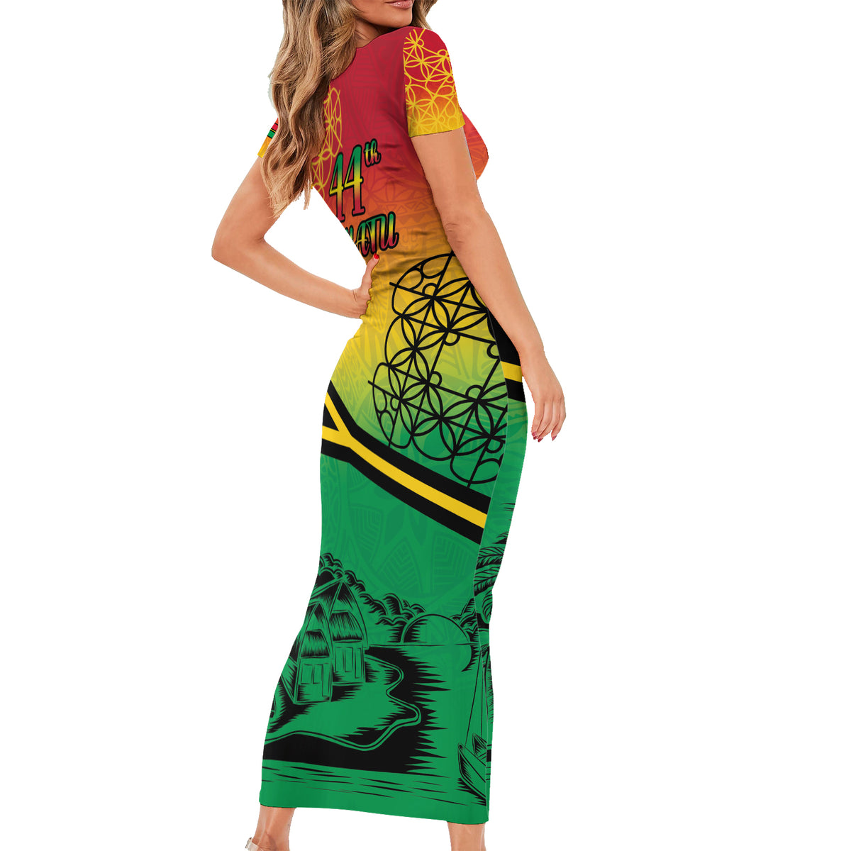Hapi 44th Indipendens Dei Vanuatu Family Matching Short Sleeve Bodycon Dress and Hawaiian Shirt Yumi 1980 with Vanuatuan Beach Landscape LT9 - Polynesian Pride