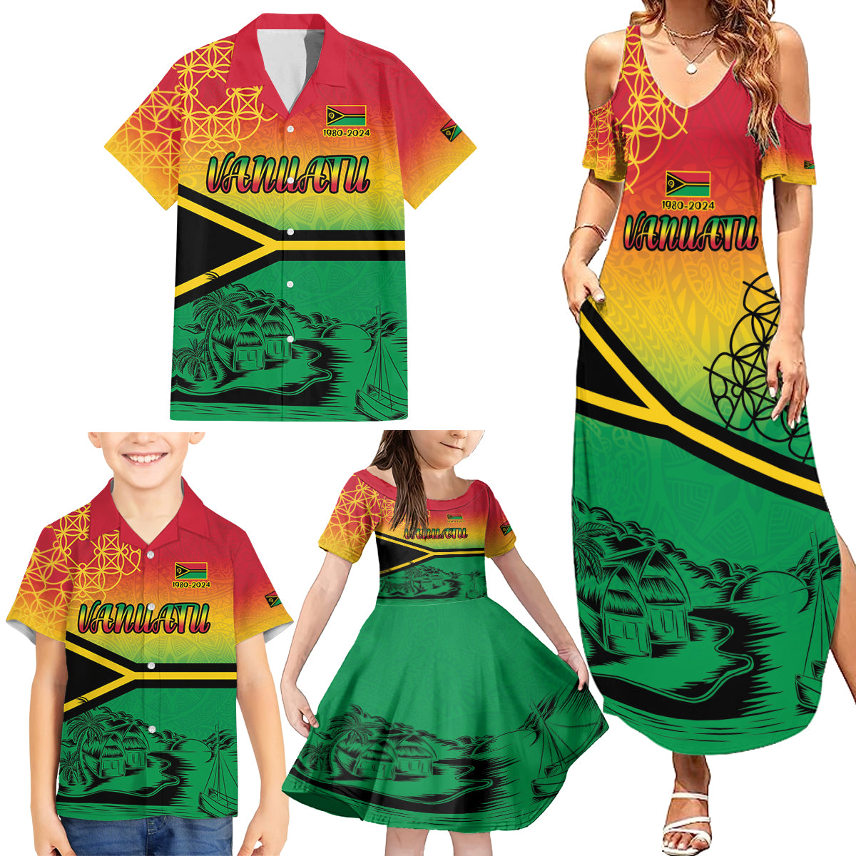 Hapi 44th Indipendens Dei Vanuatu Family Matching Summer Maxi Dress and Hawaiian Shirt Yumi 1980 with Vanuatuan Beach Landscape LT9 - Polynesian Pride