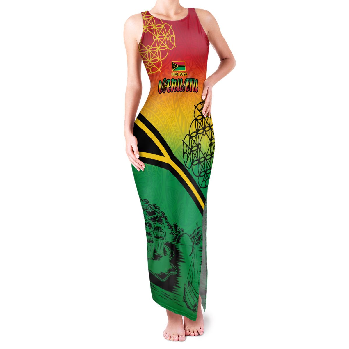 Hapi 44th Indipendens Dei Vanuatu Family Matching Tank Maxi Dress and Hawaiian Shirt Yumi 1980 with Vanuatuan Beach Landscape LT9 Mom's Dress Reggae - Polynesian Pride