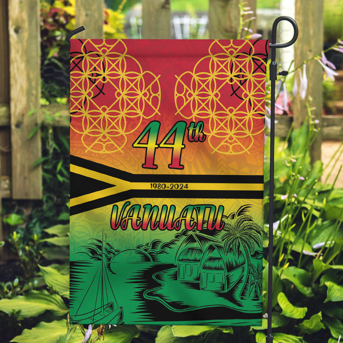 Hapi 44th Indipendens Dei Vanuatu Garden Flag Yumi 1980 with Vanuatuan Beach Landscape LT9 Garden Flag Reggae - Polynesian Pride
