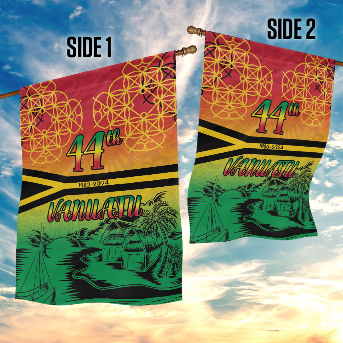 Hapi 44th Indipendens Dei Vanuatu Garden Flag Yumi 1980 with Vanuatuan Beach Landscape LT9 - Polynesian Pride