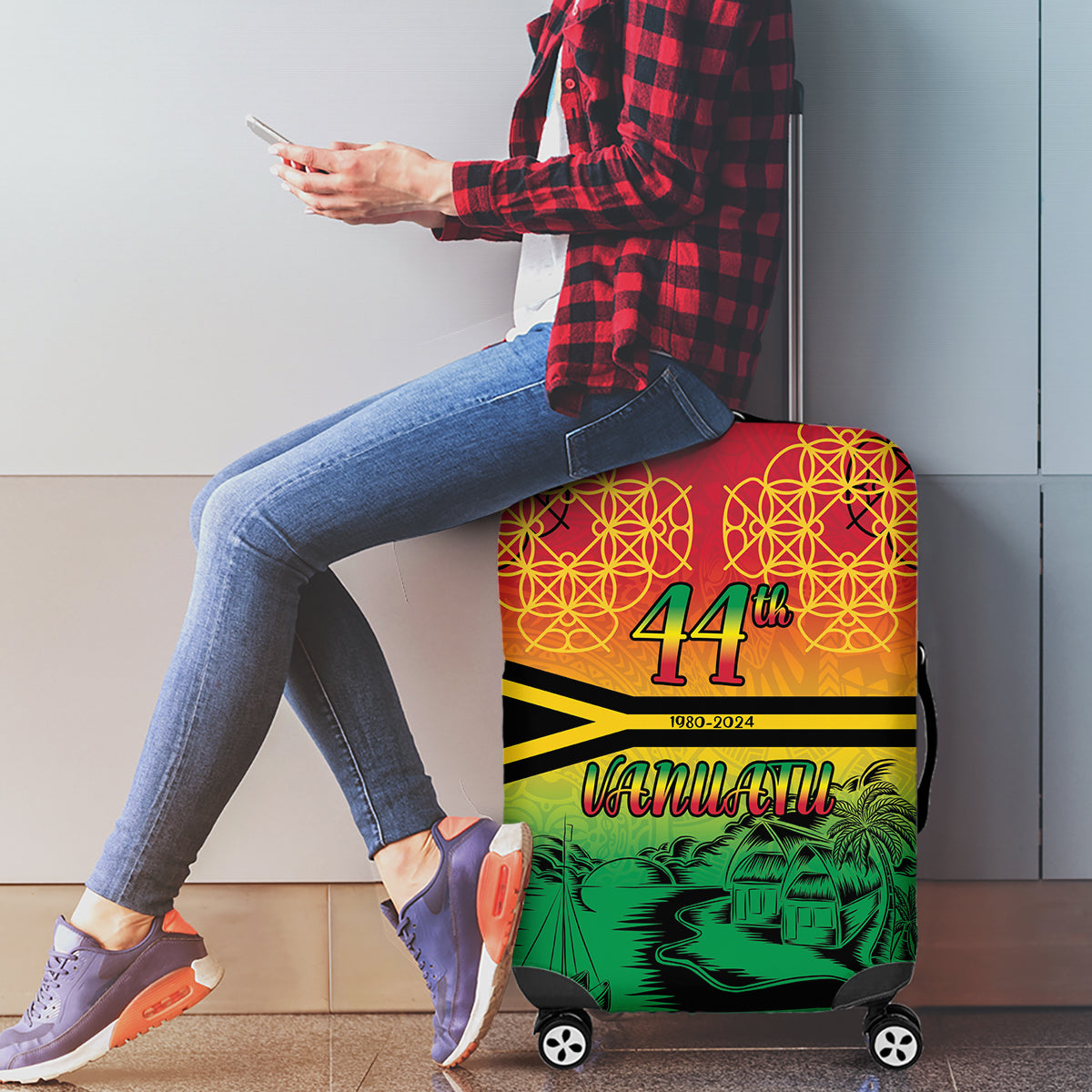 Hapi 44th Indipendens Dei Vanuatu Luggage Cover Yumi 1980 with Vanuatuan Beach Landscape LT9 - Polynesian Pride