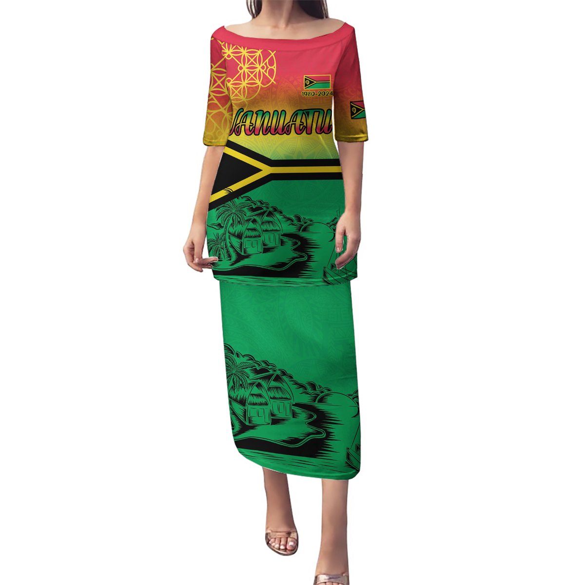 Hapi 44th Indipendens Dei Vanuatu Puletasi Yumi 1980 with Vanuatuan Beach Landscape LT9 Long Dress Reggae - Polynesian Pride