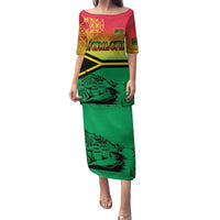 Hapi 44th Indipendens Dei Vanuatu Puletasi Yumi 1980 with Vanuatuan Beach Landscape LT9 Long Dress Reggae - Polynesian Pride