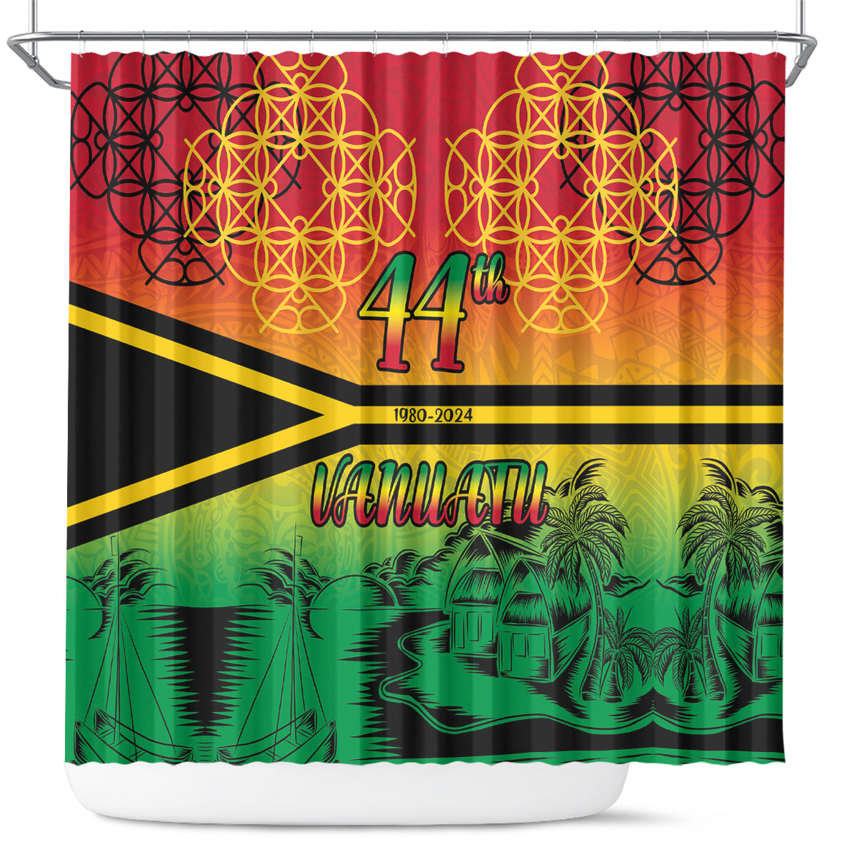 Hapi 44th Indipendens Dei Vanuatu Shower Curtain Yumi 1980 with Vanuatuan Beach Landscape LT9 Reggae - Polynesian Pride