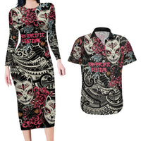 Personalized Japanese Kitsune Mask Couples Matching Long Sleeve Bodycon Dress and Hawaiian Shirt With Polynesian Arty Style LT9 Black - Polynesian Pride