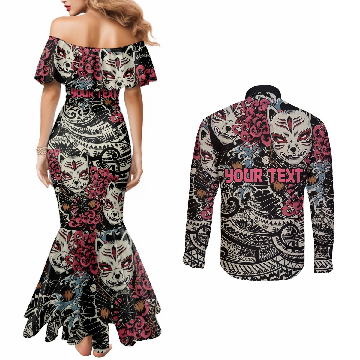 Personalized Japanese Kitsune Mask Couples Matching Mermaid Dress and Long Sleeve Button Shirt With Polynesian Arty Style LT9 - Polynesian Pride