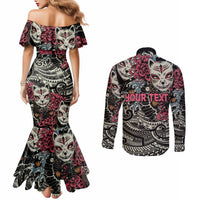 Personalized Japanese Kitsune Mask Couples Matching Mermaid Dress and Long Sleeve Button Shirt With Polynesian Arty Style LT9 - Polynesian Pride