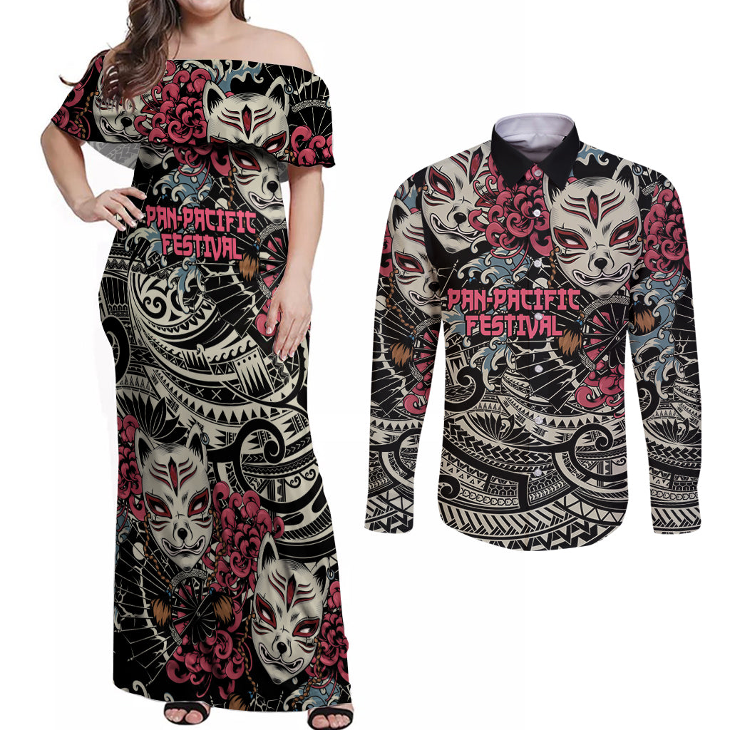 Personalized Japanese Kitsune Mask Couples Matching Off Shoulder Maxi Dress and Long Sleeve Button Shirt With Polynesian Arty Style LT9 Black - Polynesian Pride