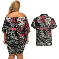Personalized Japanese Kitsune Mask Couples Matching Off Shoulder Short Dress and Hawaiian Shirt With Polynesian Arty Style