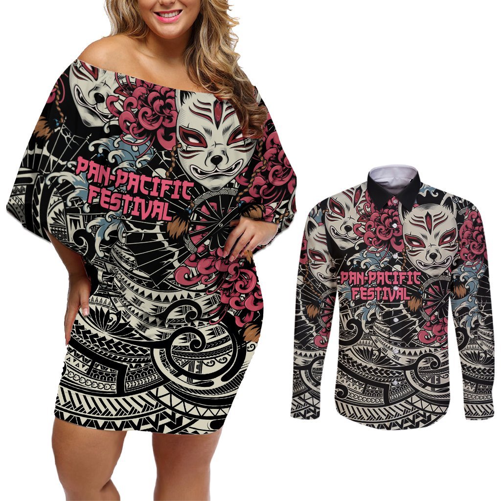 Personalized Japanese Kitsune Mask Couples Matching Off Shoulder Short Dress and Long Sleeve Button Shirt With Polynesian Arty Style LT9 Black - Polynesian Pride