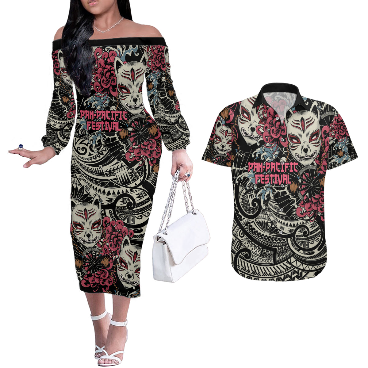 Personalized Japanese Kitsune Mask Couples Matching Off The Shoulder Long Sleeve Dress and Hawaiian Shirt With Polynesian Arty Style LT9 Black - Polynesian Pride