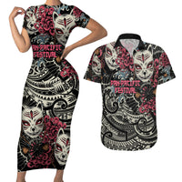 Personalized Japanese Kitsune Mask Couples Matching Short Sleeve Bodycon Dress and Hawaiian Shirt With Polynesian Arty Style LT9 Black - Polynesian Pride