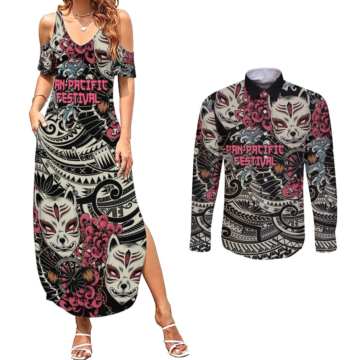 Personalized Japanese Kitsune Mask Couples Matching Summer Maxi Dress and Long Sleeve Button Shirt With Polynesian Arty Style LT9 Black - Polynesian Pride