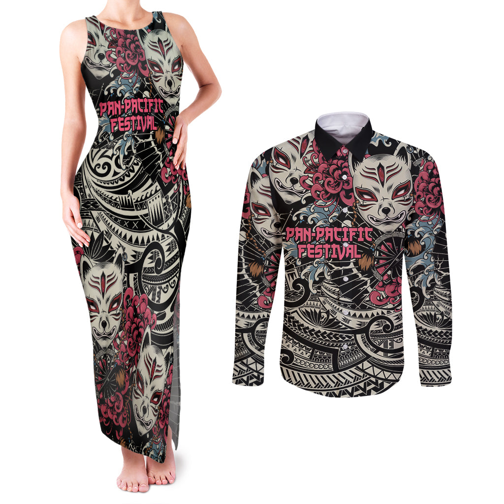 Personalized Japanese Kitsune Mask Couples Matching Tank Maxi Dress and Long Sleeve Button Shirt With Polynesian Arty Style LT9 Black - Polynesian Pride