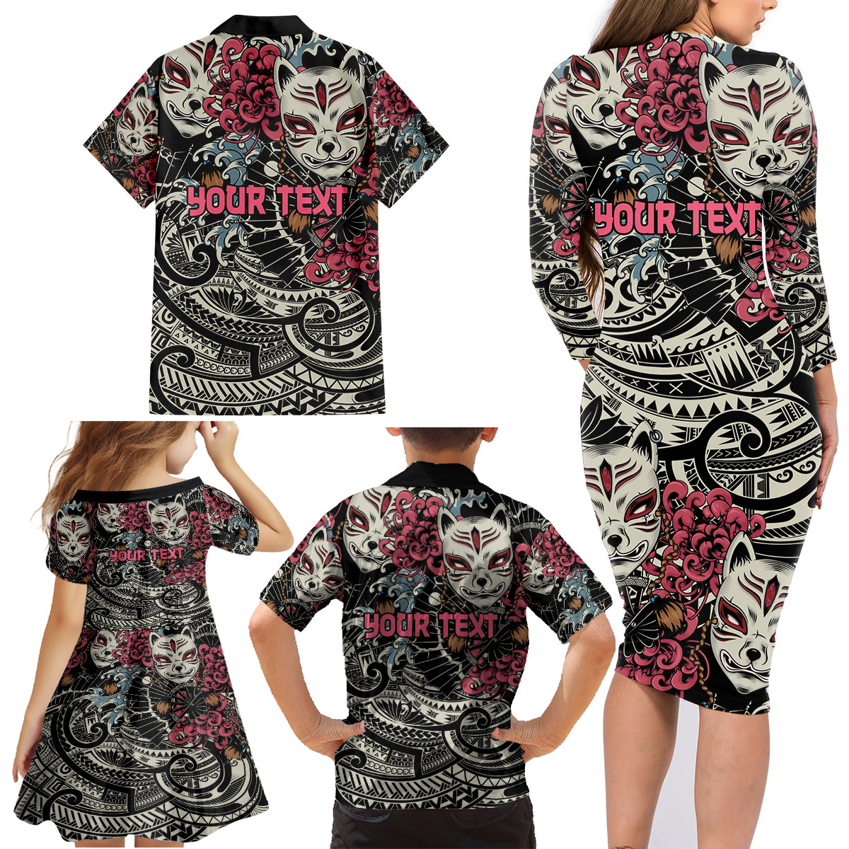 Personalized Japanese Kitsune Mask Family Matching Long Sleeve Bodycon Dress and Hawaiian Shirt With Polynesian Arty Style LT9 - Polynesian Pride
