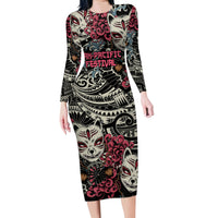 Personalized Japanese Kitsune Mask Family Matching Long Sleeve Bodycon Dress and Hawaiian Shirt With Polynesian Arty Style LT9 Mom's Dress Black - Polynesian Pride