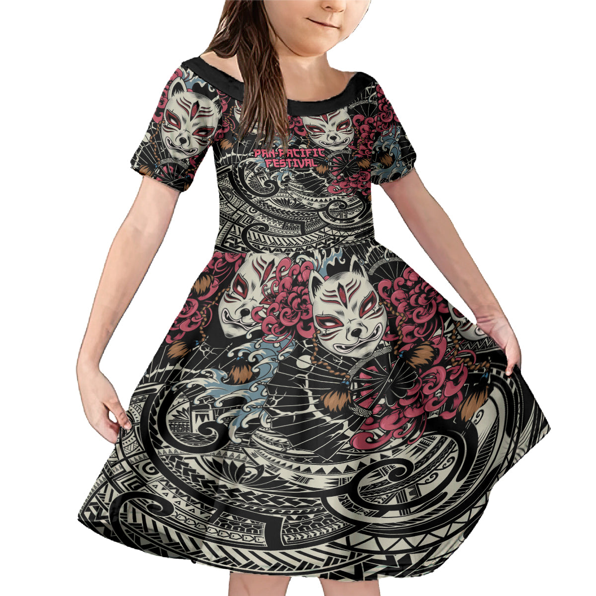 Personalized Japanese Kitsune Mask Family Matching Mermaid Dress and Hawaiian Shirt With Polynesian Arty Style LT9 Daughter's Dress Black - Polynesian Pride