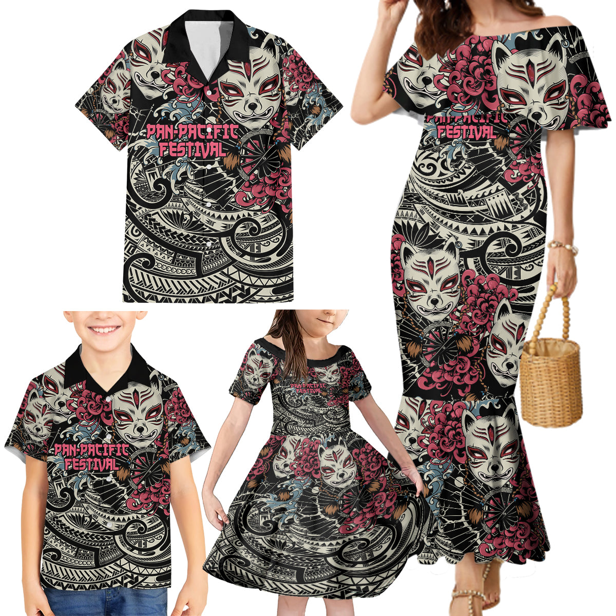 Personalized Japanese Kitsune Mask Family Matching Mermaid Dress and Hawaiian Shirt With Polynesian Arty Style LT9 - Polynesian Pride