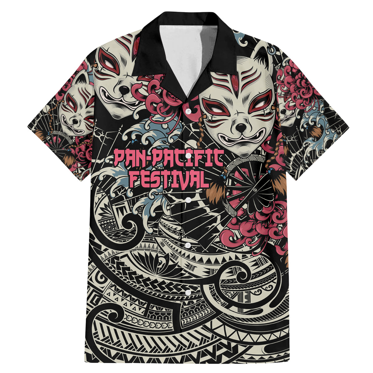 Personalized Japanese Kitsune Mask Family Matching Mermaid Dress and Hawaiian Shirt With Polynesian Arty Style LT9 Dad's Shirt - Short Sleeve Black - Polynesian Pride